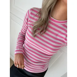 Mads Nrgaard - Bluse 2x2 Cotton Stripe Tuba Tee - Carmine Rose/Quiet Gray