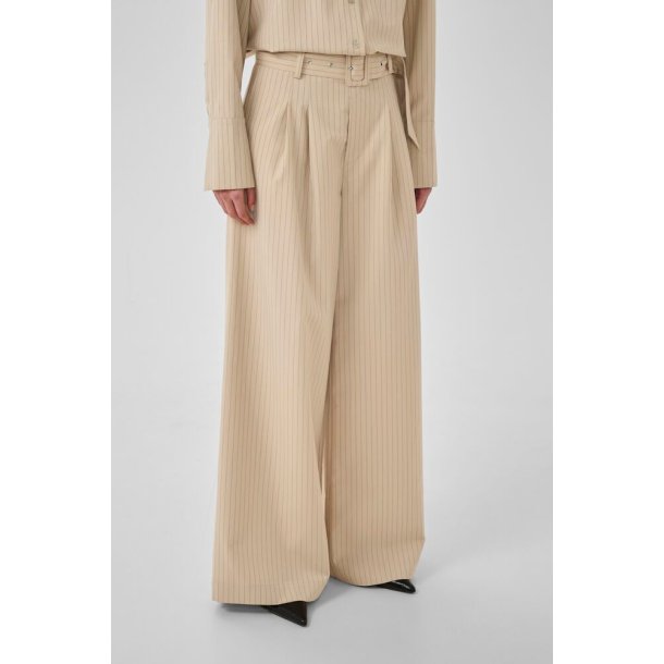My Essential Wardrobe - Bukser - Vitta High Wide Pant - Brown Rice W. Stripe
